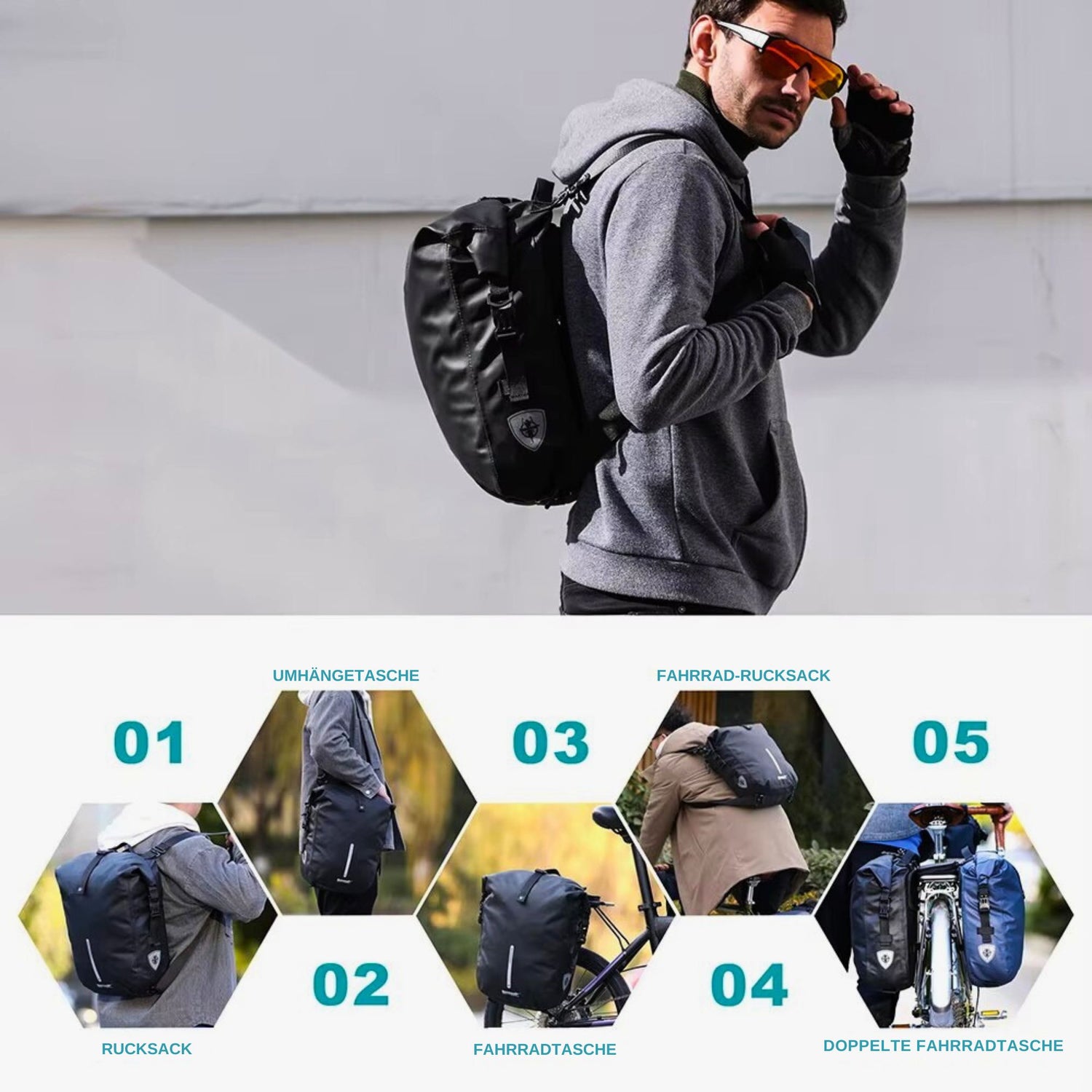 Multifunktionalität: Rhinowalk Fahrradtasche 20L als Gepäckträgertasche, Rucksack und Umhängetasche.