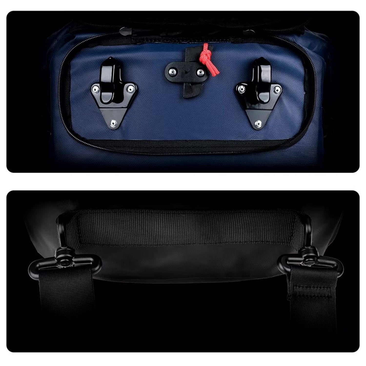 Durchdachtes Design: Detailansicht der hochwertigen Verarbeitung und praktischen Funktionen der Rhinowalk Fahrradtasche 20L.