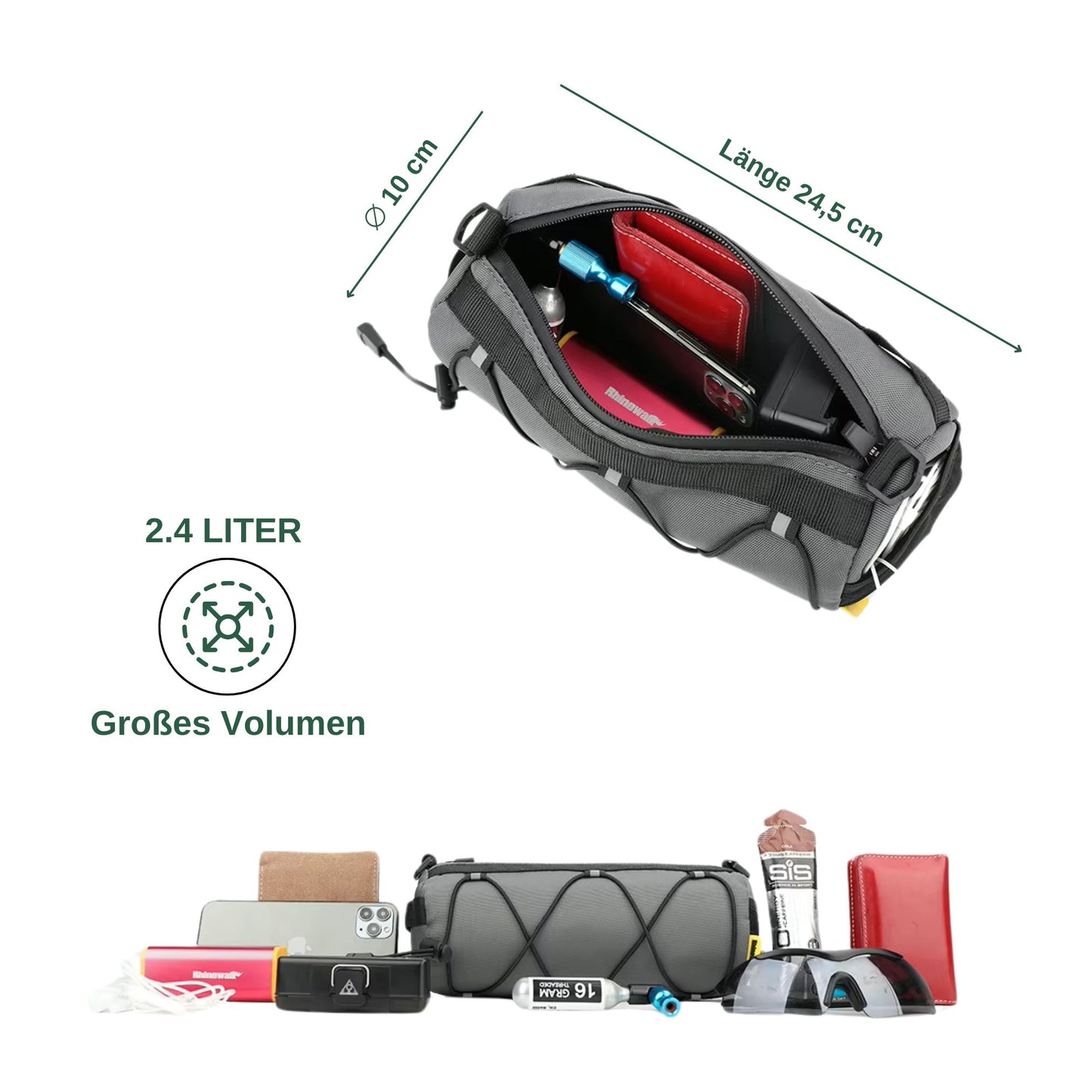 Rhinowalk Bickepacking Fahrradtasche, Lenkertasche, reflektierend und stylisch, Umhängetasche, Maße