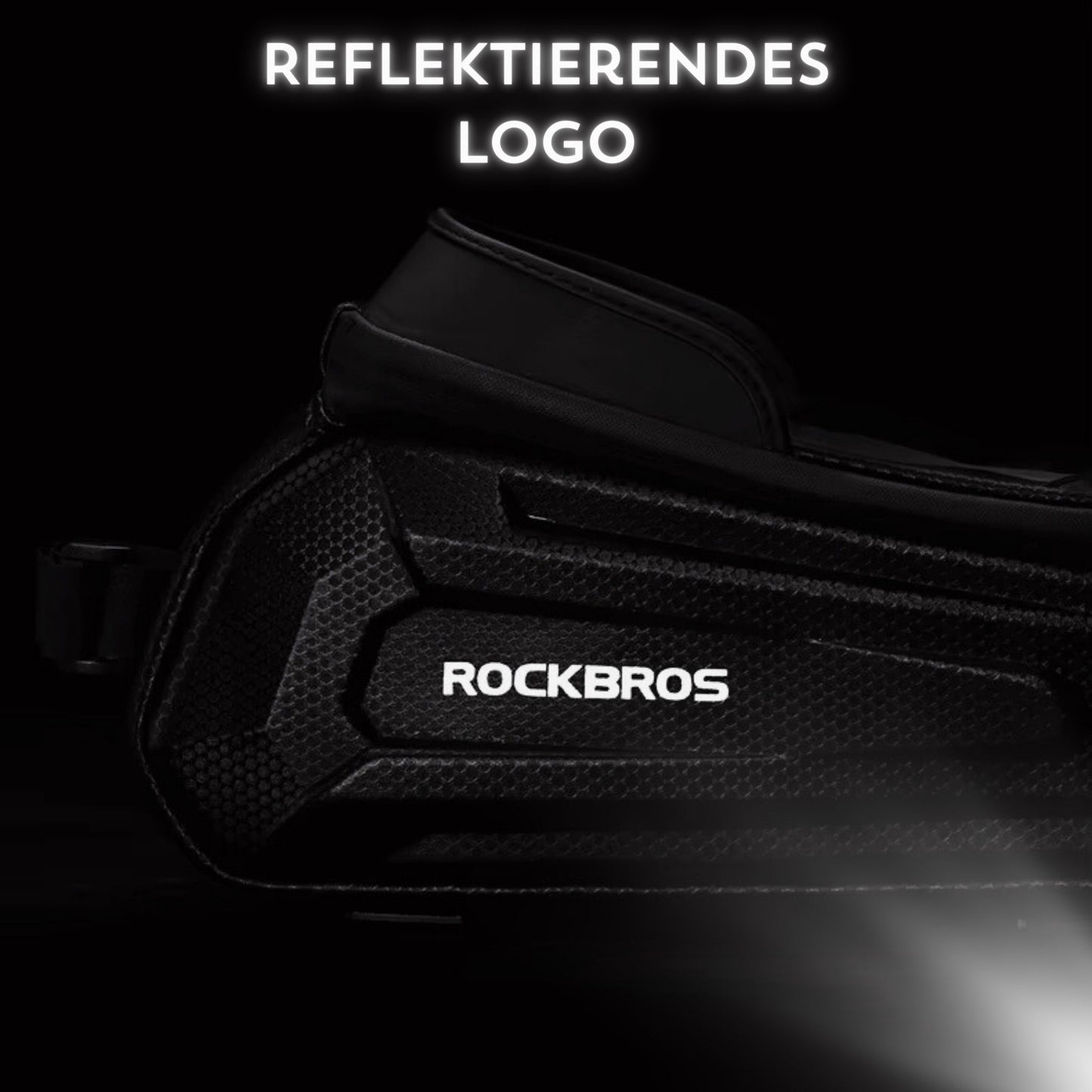 : Nahaufnahme der Rockbros-Handy-Rahmentasche, die Details wie das reflektierende Logo und die Materialbeschaffenheit zeigt.