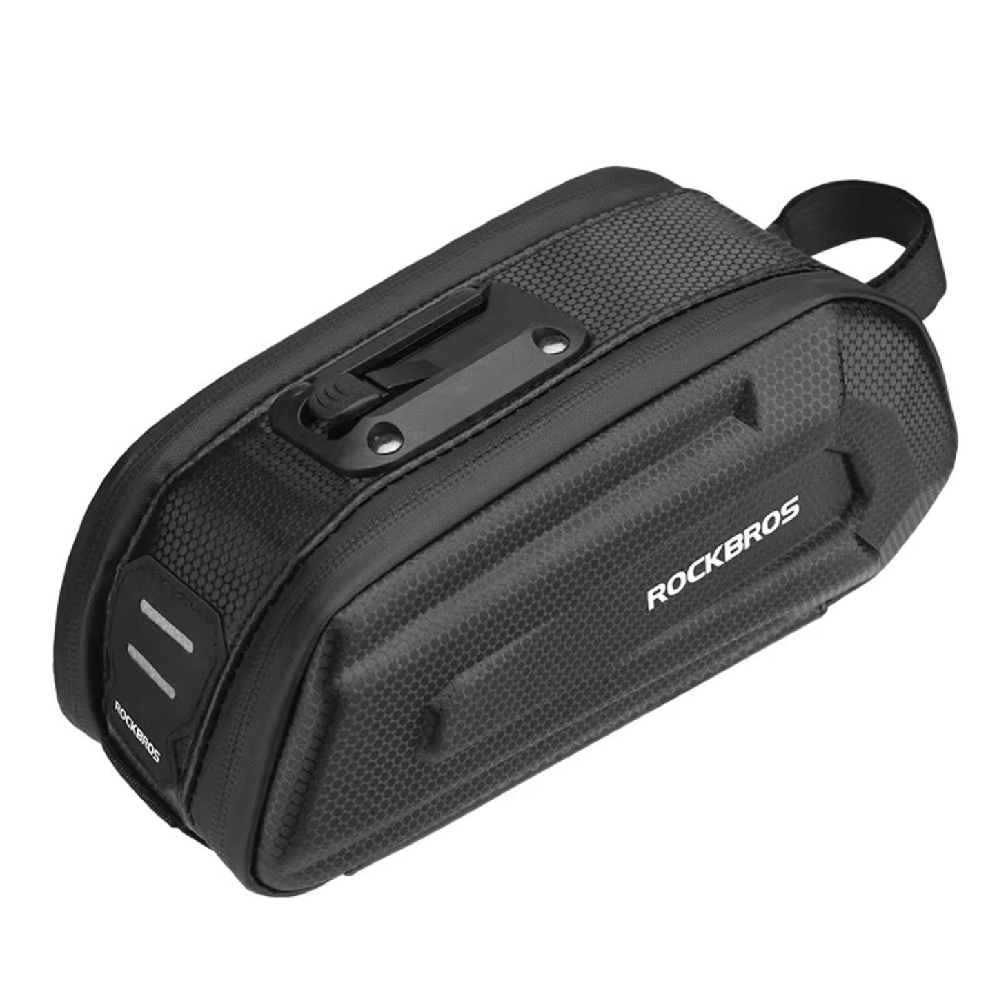 Detailansicht der Rockbros Bikepacking Satteltasche. Sichtbar sind die hochwertigen Materialien, das reflektierende Logo und der praktische externe Gummizug.