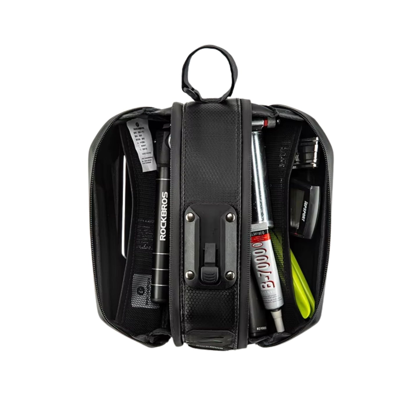 Die Rockbros Bikepacking Satteltasche ist geöffnet und zeigt ihren geräumigen Innenraum. Ideal für die sichere Aufbewahrung von Werkzeug, Kleidung und Proviant.