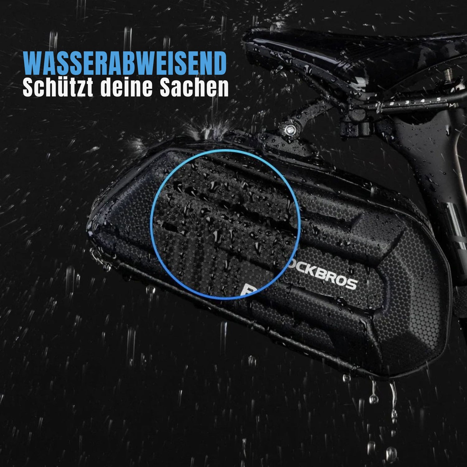 100% wasserdicht: Wasser perlt von der Rockbros Satteltasche ab. Dank des nahtlosen Schweißverfahrens bleibt der Inhalt trocken.