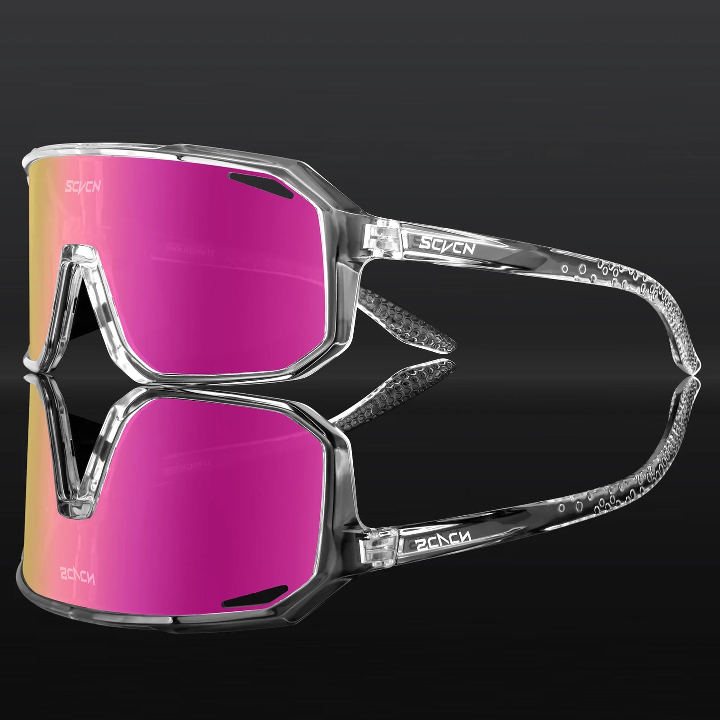 Ultraleichte Fahrradbrille / Sport-Sonnenbrille mit pinkem Glas und klarem Rahmen – robustes Design.
