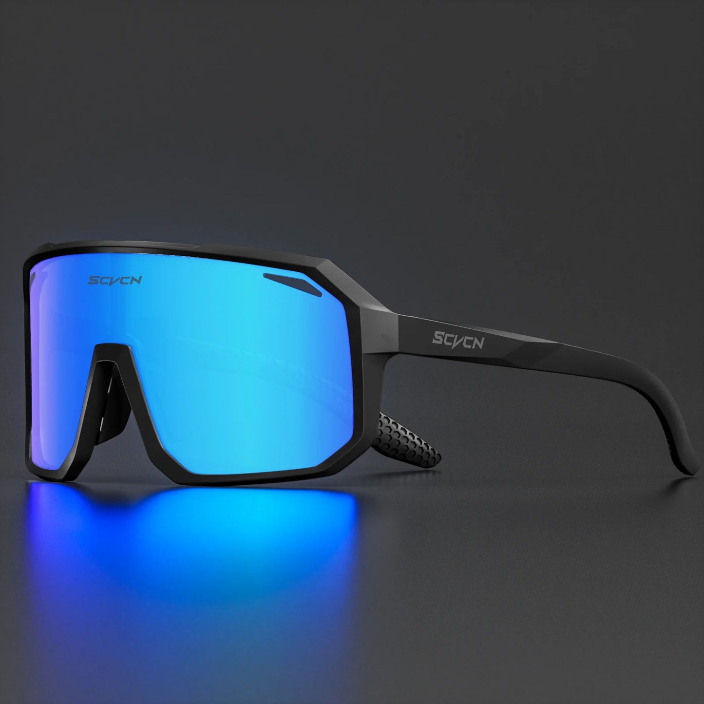 Ultraleichte Fahrradbrille / Sport-Sonnenbrille mit blauem Glas und schwarzem Rahmen – robustes Design.