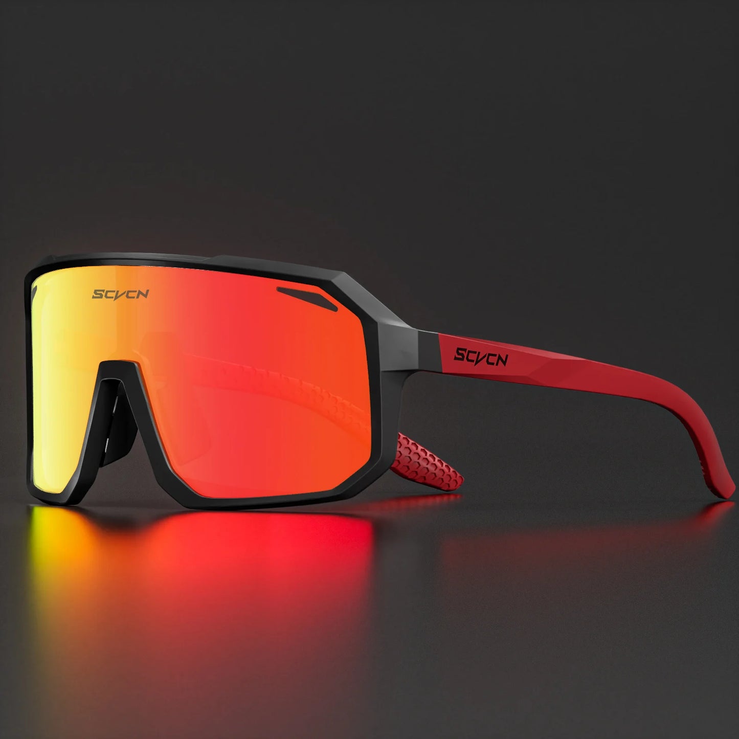 Ultraleichte Fahrradbrille / Sport-Sonnenbrille mit rotem Glas und rot/schwarzem Rahmen – robustes Design.