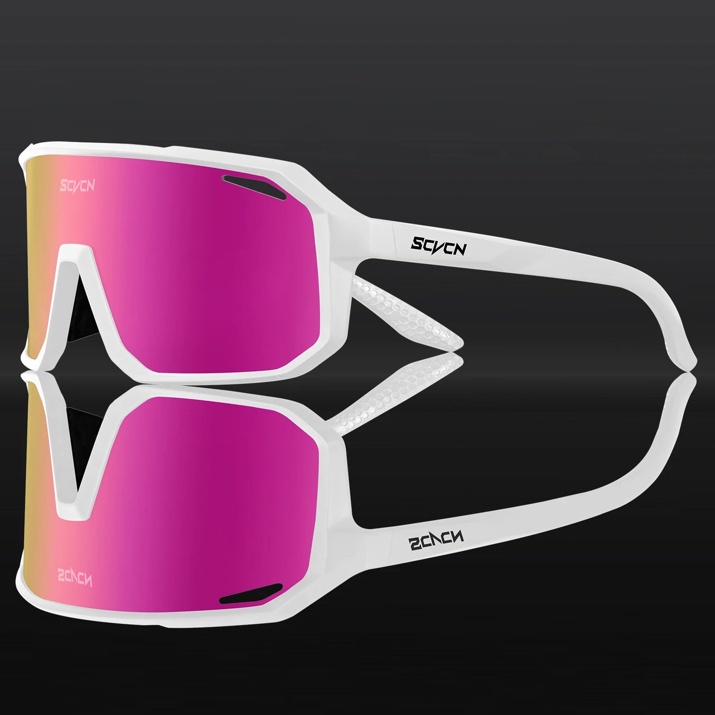 Ultraleichte Fahrradbrille / Sport-Sonnenbrille mit pinkem Glas und weißem Rahmen – robustes Design.