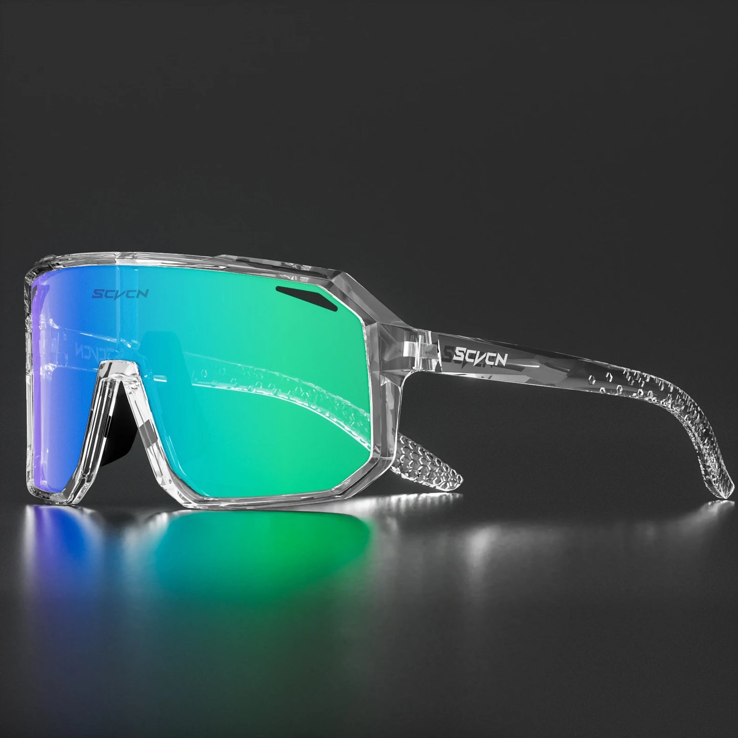 Ultraleichte Fahrradbrille / Sport-Sonnenbrille mit grünem Glas und klarem Rahmen – robustes Design.