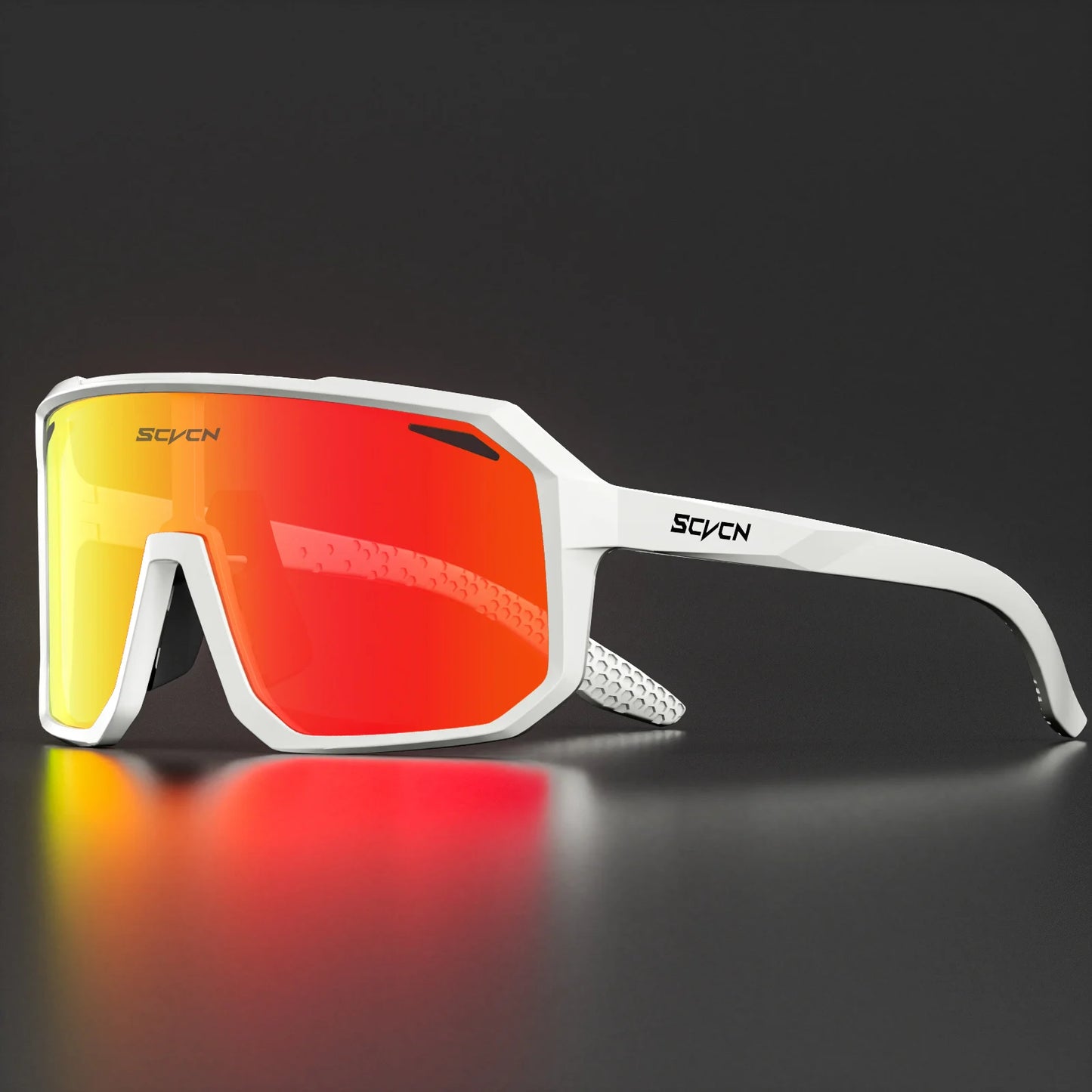 Ultraleichte Fahrradbrille / Sport-Sonnenbrille mit rotem Glas und weißem Rahmen – robustes Design.