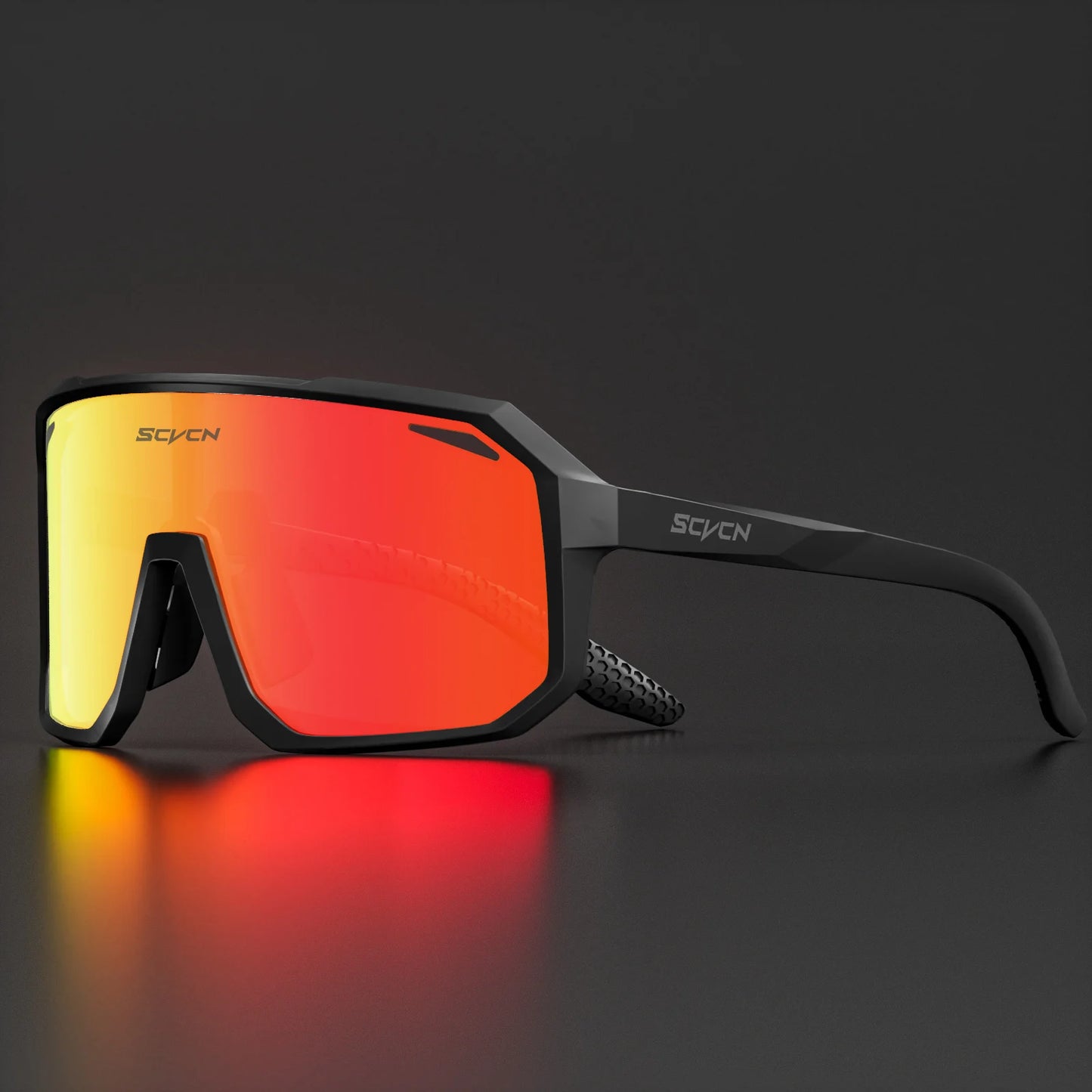 Ultraleichte Fahrradbrille / Sport-Sonnenbrille mit rotem Glas und schwarzem Rahmen – robustes Design.