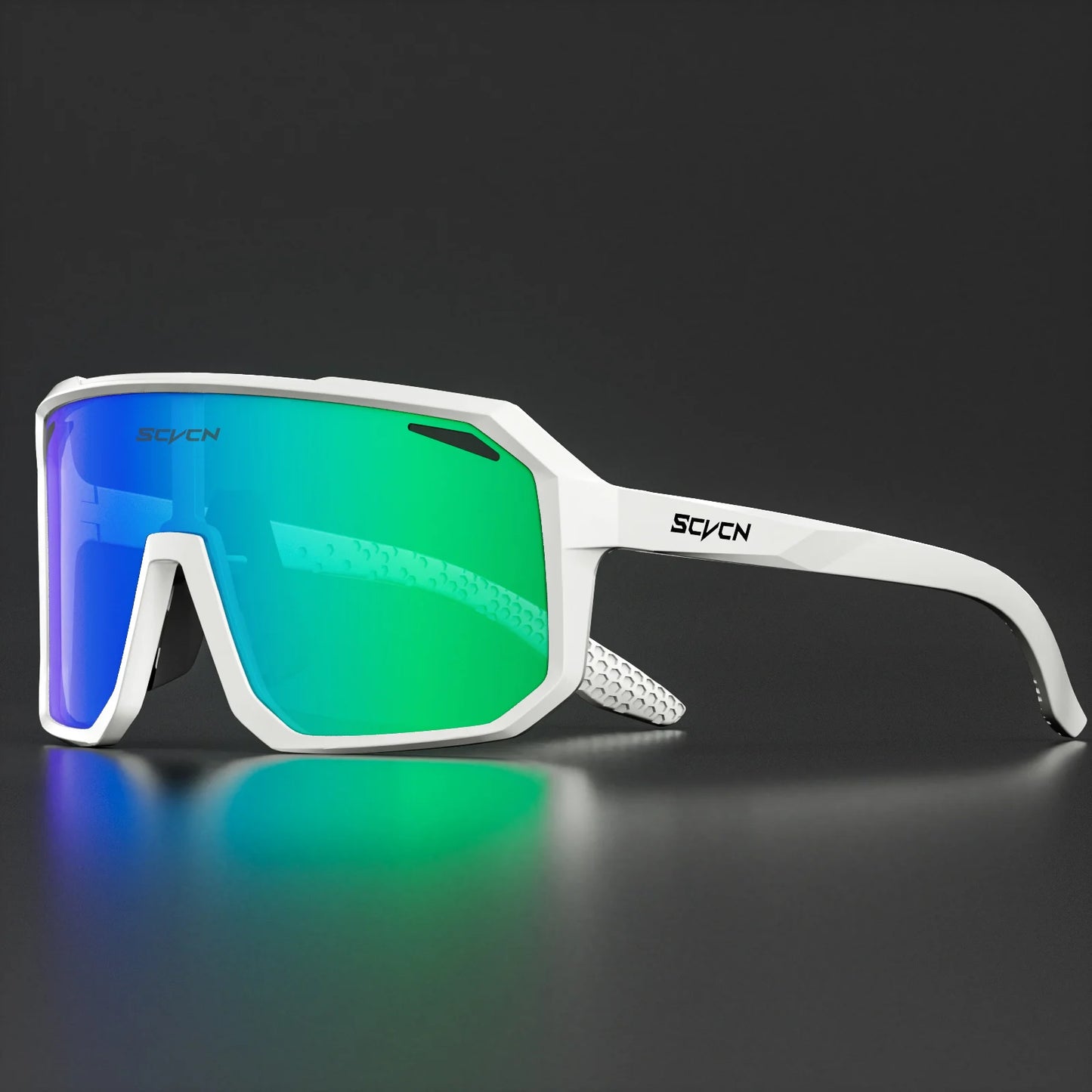 Ultraleichte Fahrradbrille / Sport-Sonnenbrille mit grünem Glas und weißem Rahmen – robustes Design.