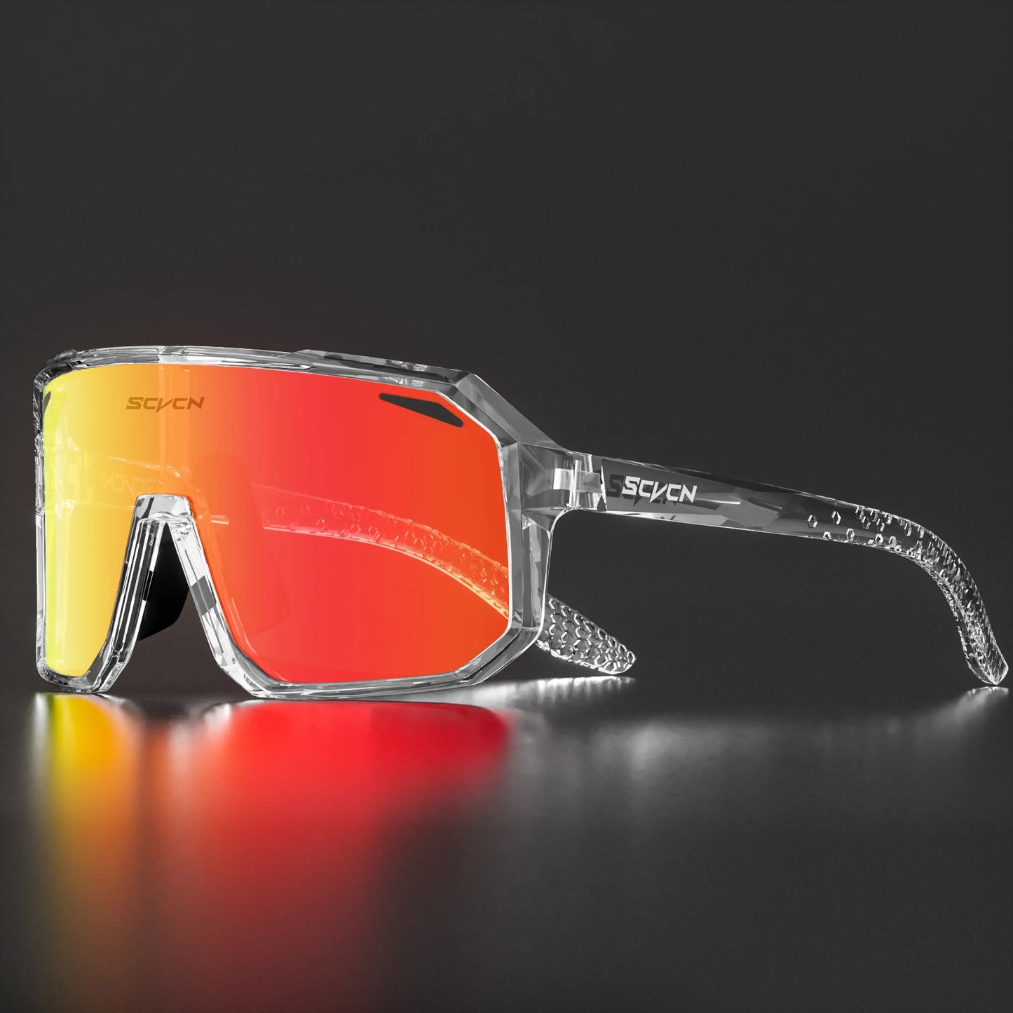 Ultraleichte Fahrradbrille / Sport-Sonnenbrille mit rotem Glas und klarem Rahmen – robustes Design.