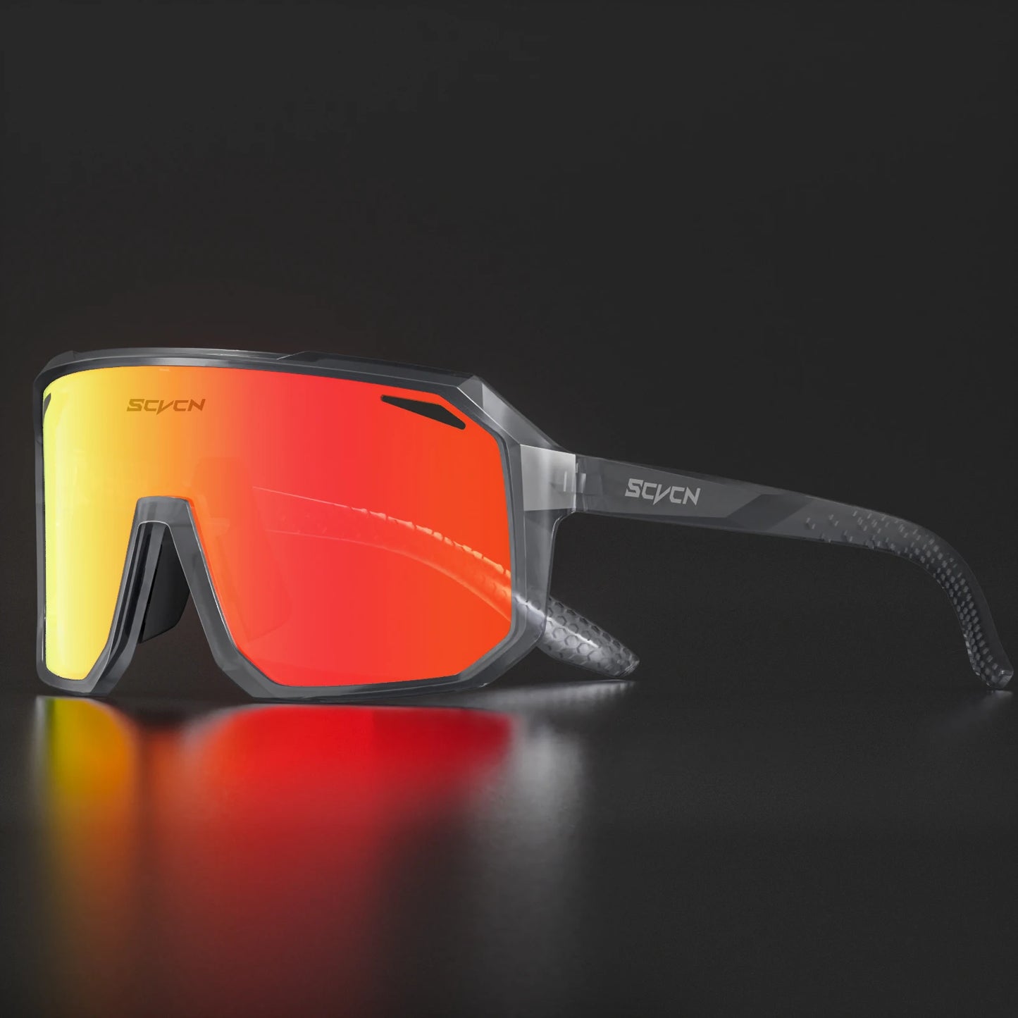 Ultraleichte Fahrradbrille / Sport-Sonnenbrille mit rotem Glas und grauem Rahmen – robustes Design.