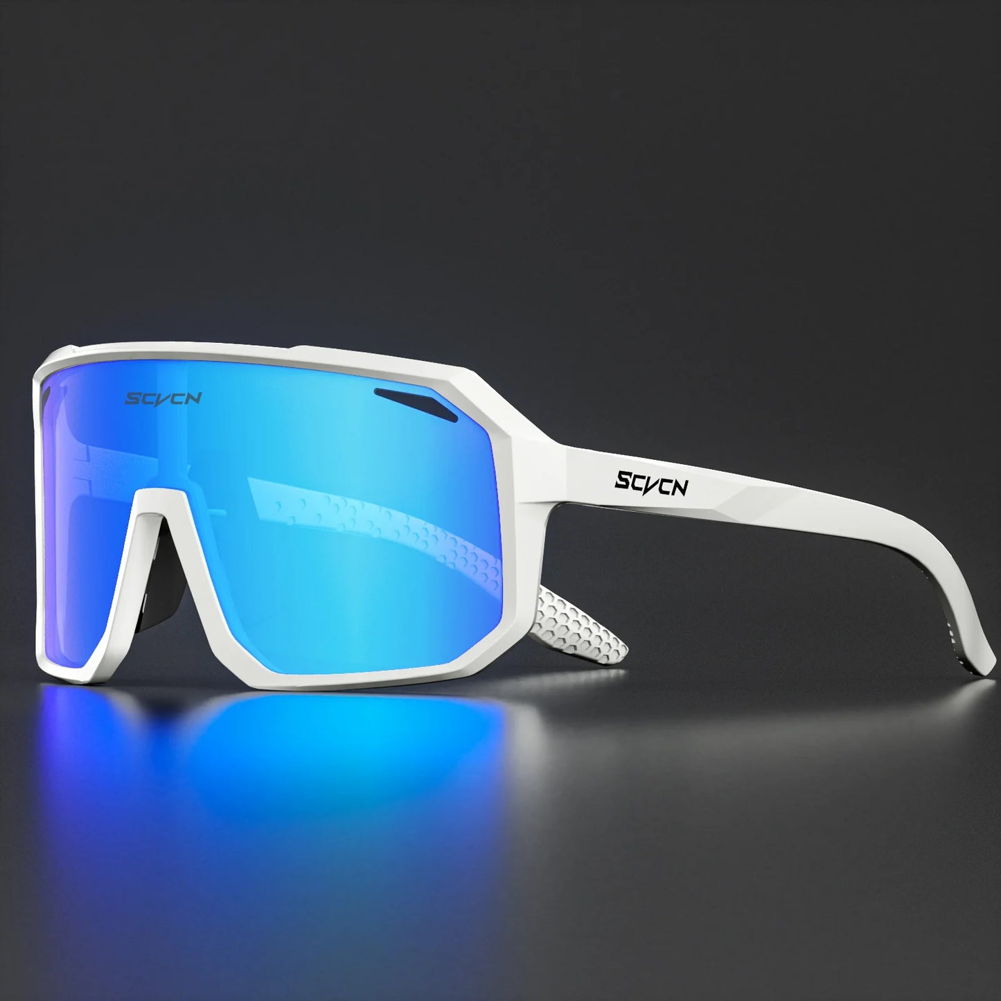 Ultraleichte Fahrradbrille / Sport-Sonnenbrille mit blauem Glas und weißem Rahmen – robustes Design.
