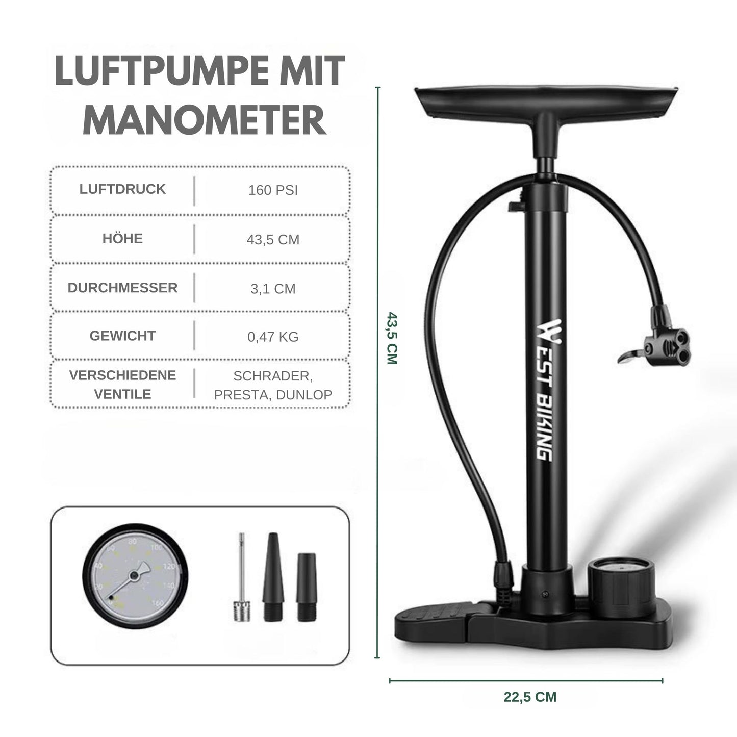 Stand Fahrradpumpe mit Manometer, Universalpumpe, kompakte Größe und geringes Gewicht.