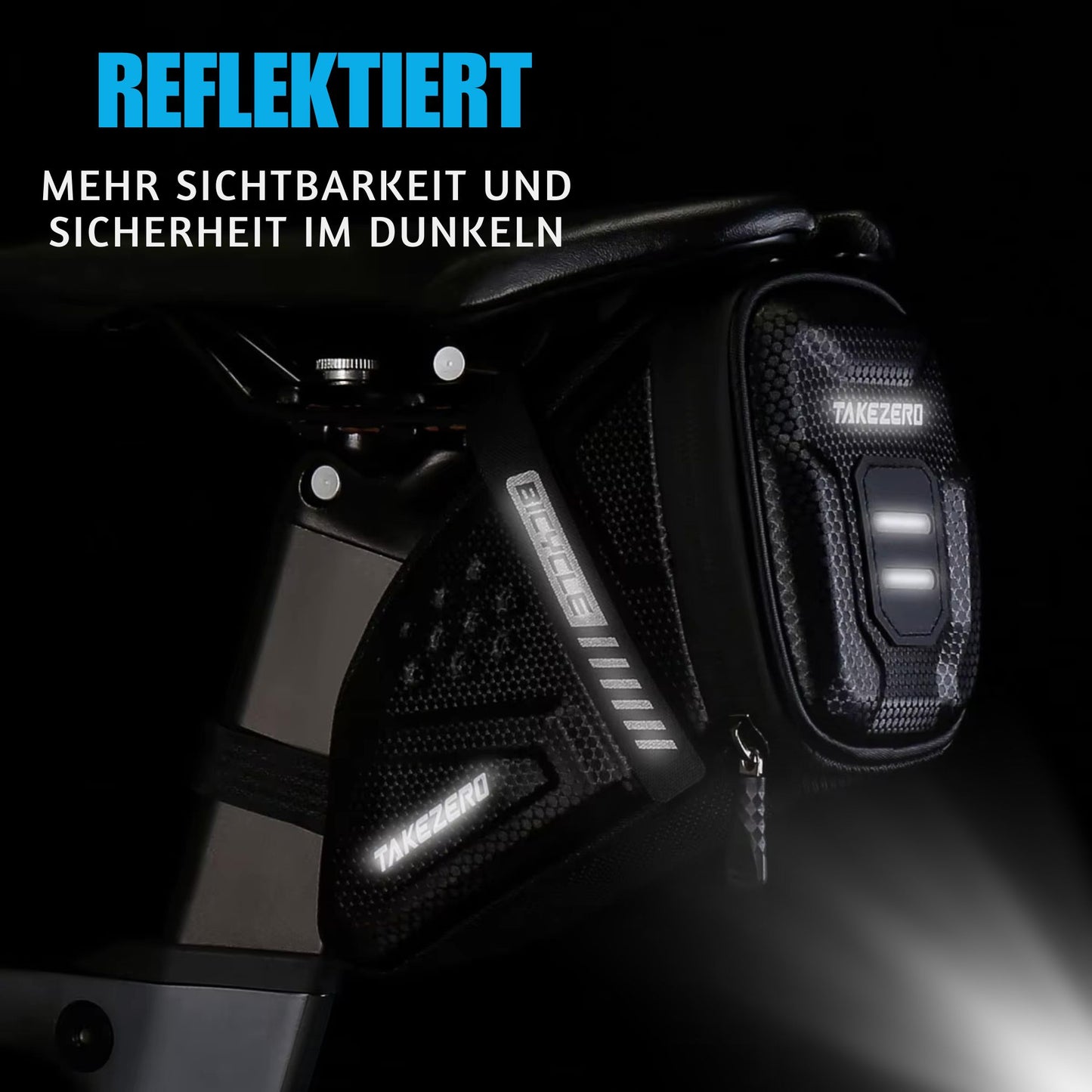 Sichtbar bei Nacht: Die Takezero Satteltasche mit reflektierenden Mustern leuchtet im Dunkeln. Mehr Sicherheit bei Nachtfahrten.
