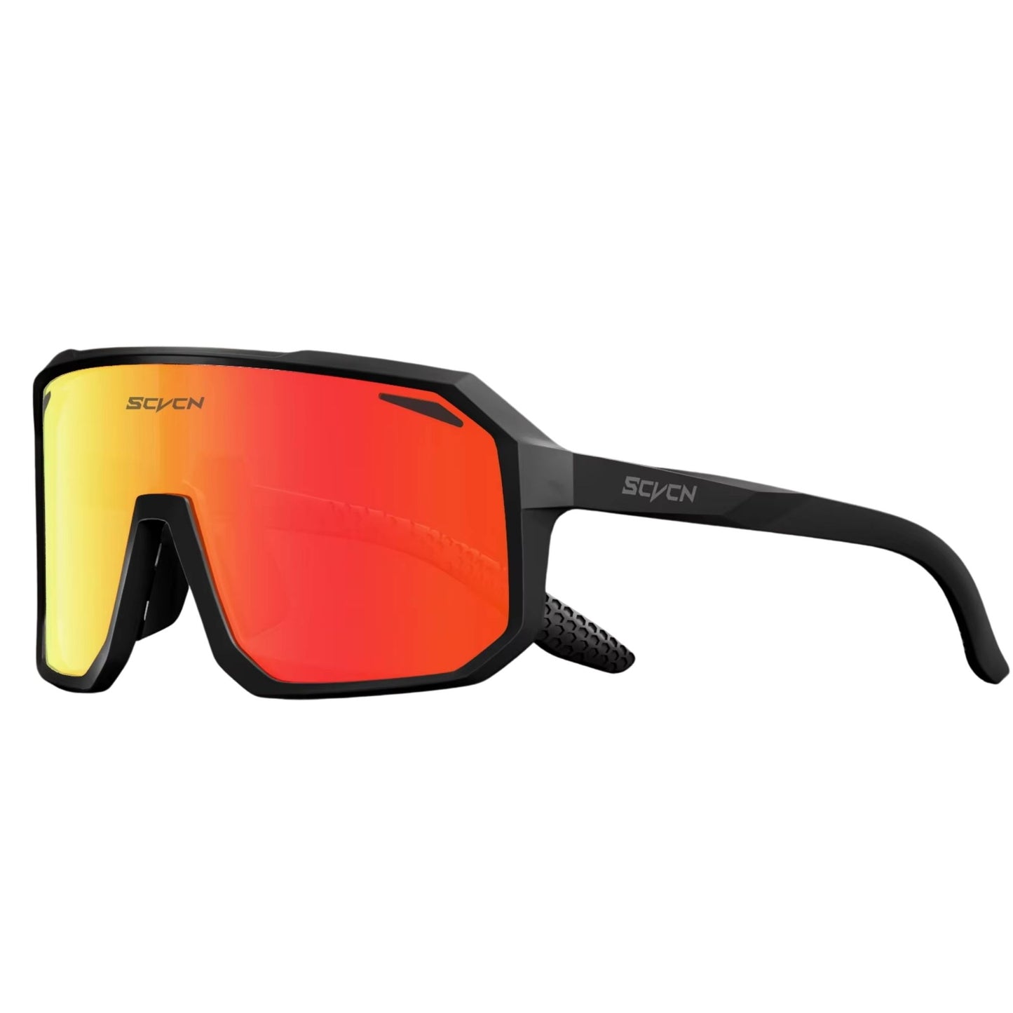 Ultraleichte Fahrradbrille / Sport-Sonnenbrille mit rotem Glas und schwarzem Rahmen, freigestellt, robustes Design.