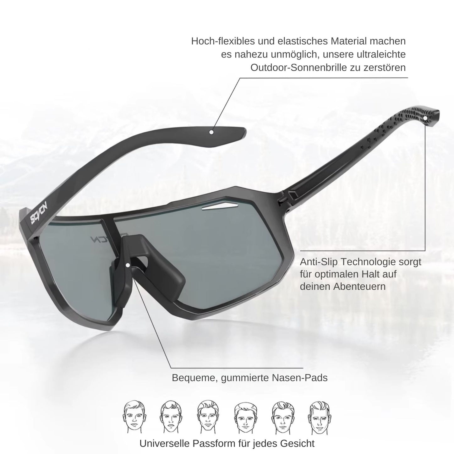 Grafik: Ultraleichte Fahrradbrille / Sport-Sonnenbrille – flexibles Material, Anti-Slip, gummierte Nasenpads, universelle Passform
