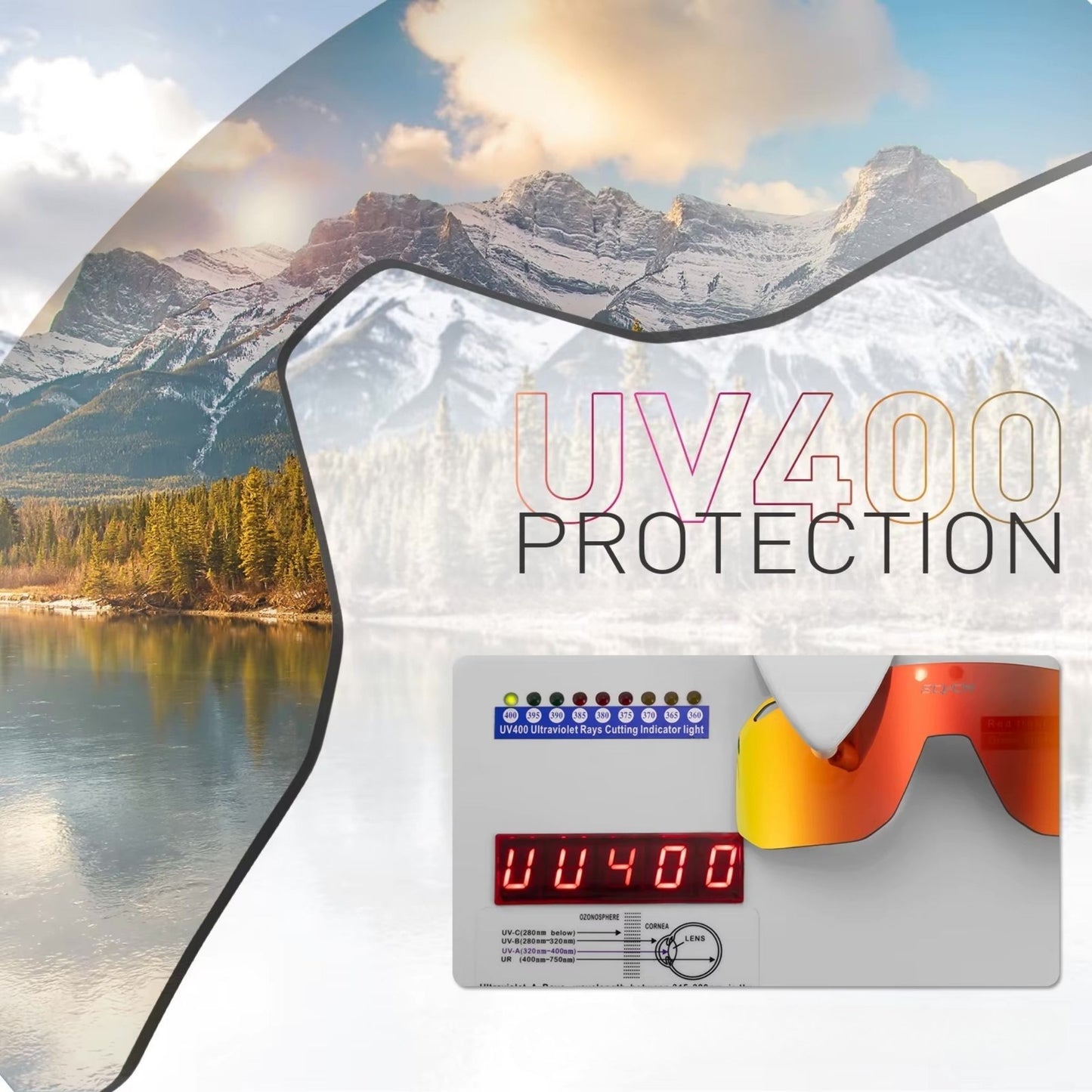 Ultraleichte Fahrradbrille / Sport-Sonnenbrille mit UV400 Protection, dargestellt neben einem Testgerät