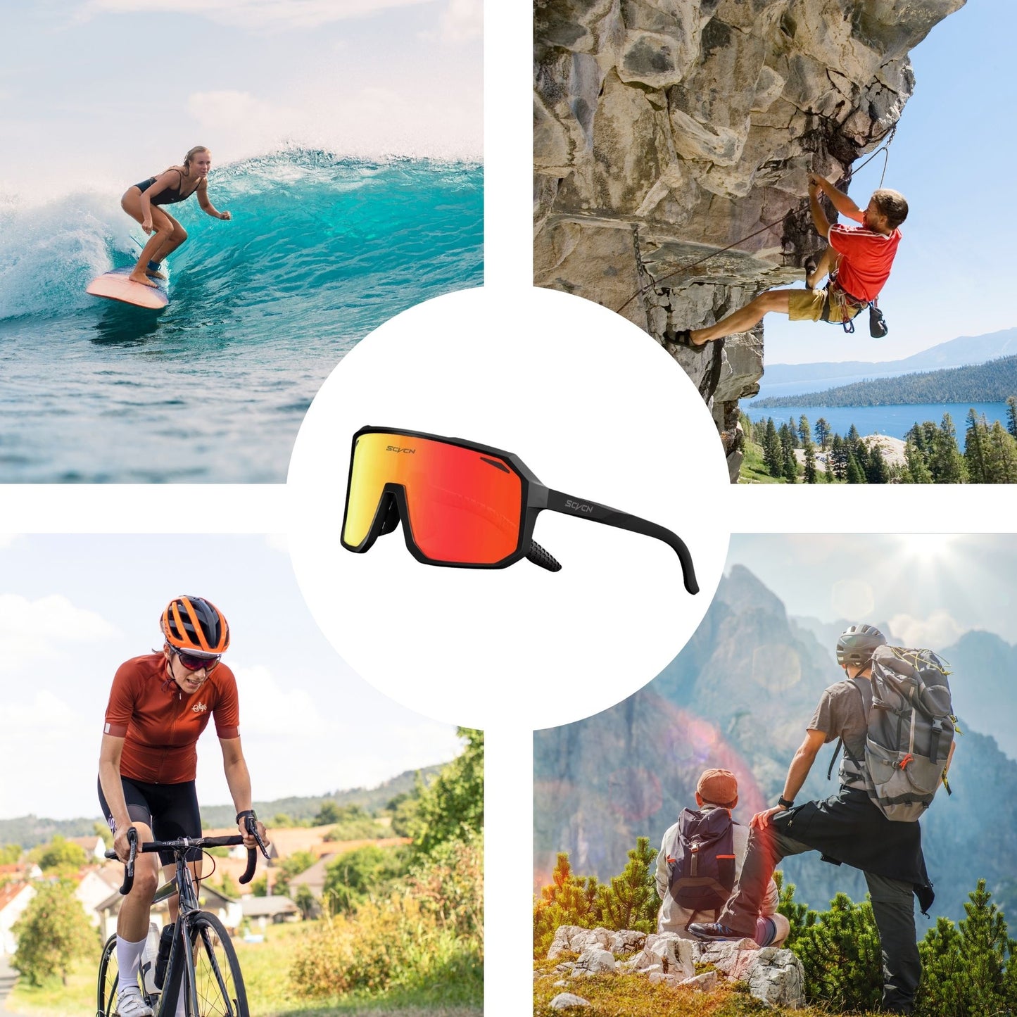 Ultraleichte Fahrradbrille / Sport-Sonnenbrille im Zentrum, umgeben von Icons für Fahrrad, Klettern, Surfen und Wandern