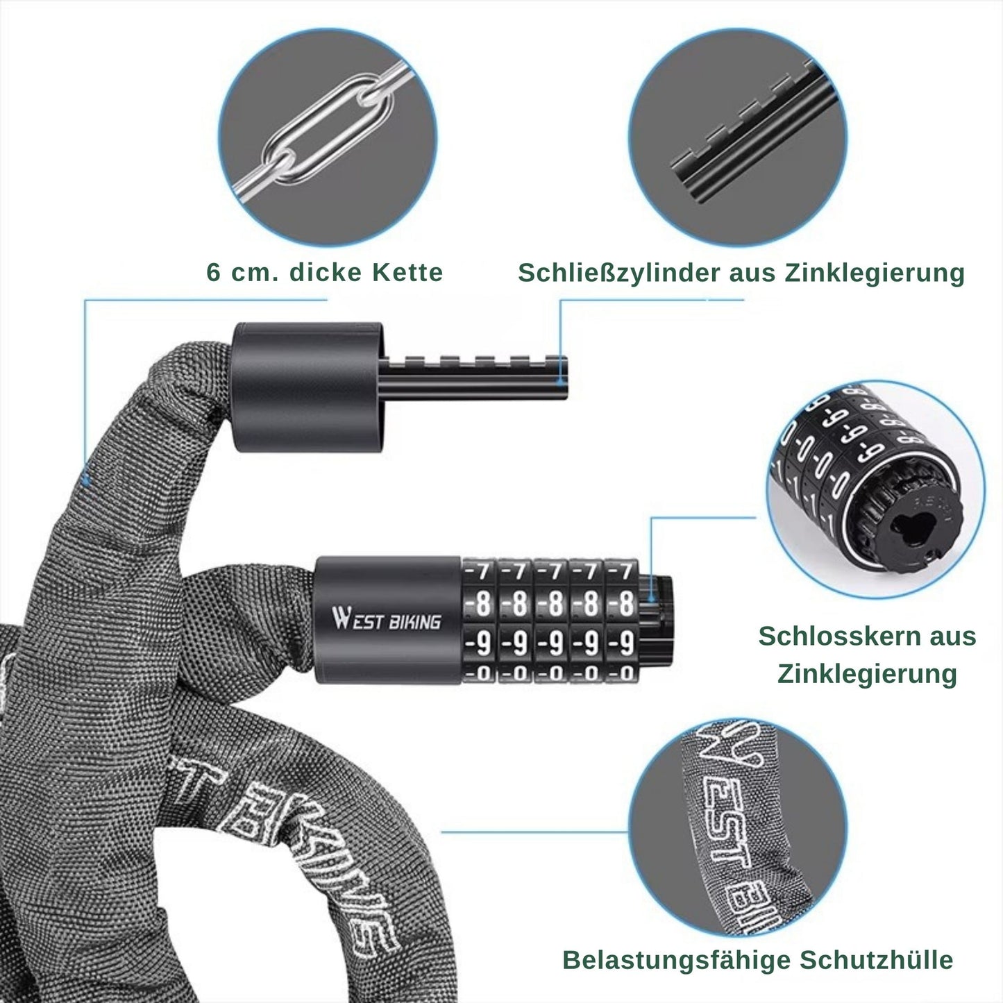 West Biking Kettenschloss: Details zu Material, Länge und Sicherheitsmerkmalen. Hochwertige Verarbeitung für maximale Sicherheit.