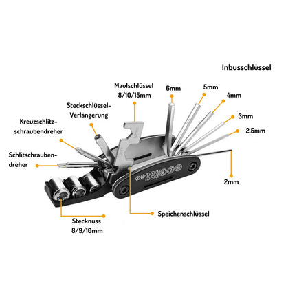 16-in-1 Fahrrad Multitool aus Stahl