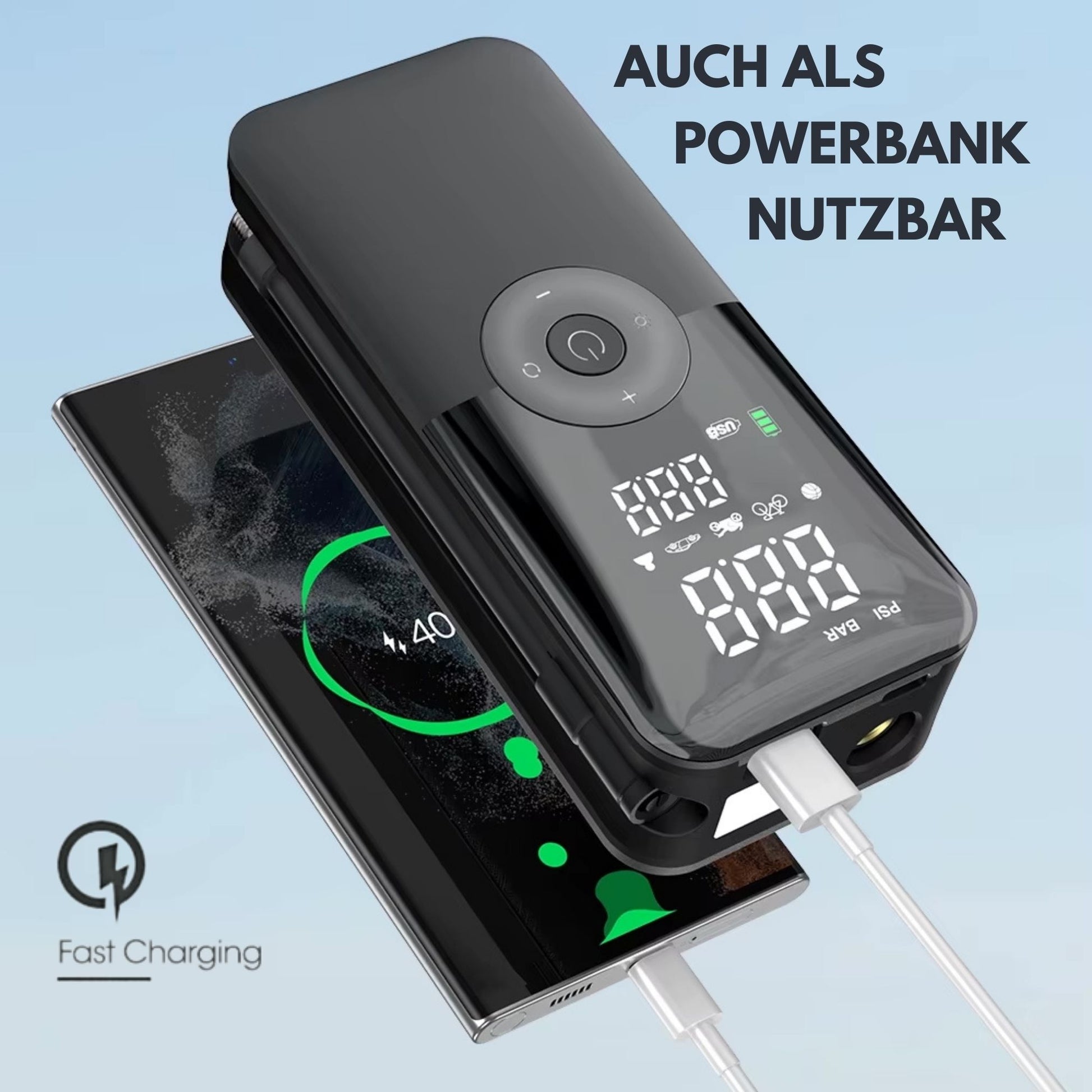 Elektrische Universal-Reifenpumpe wird als Powerbank verwendet, um ein Smartphone aufzuladen. Ein USB-Kabel verbindet die Geräte.