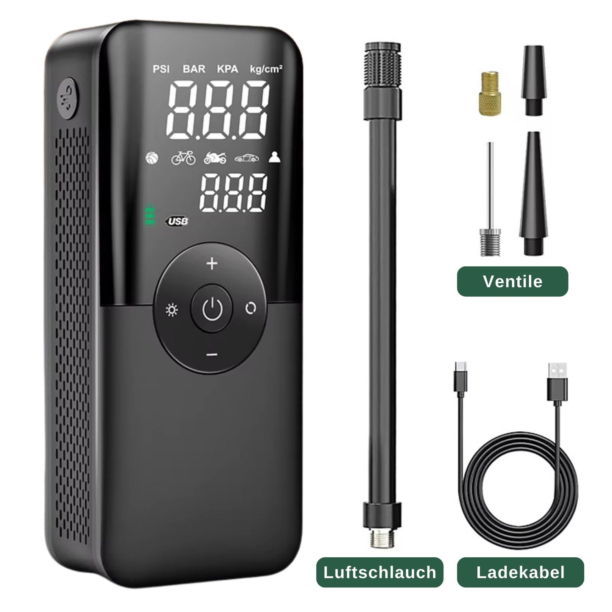 Lieferumfang der Elektrischen Universal-Reifenpumpe: Pumpe, Luftschlauch, verschiedene Ventiladapter, USB-Ladekabel, Aufbewahrungstasche (falls vorhanden).