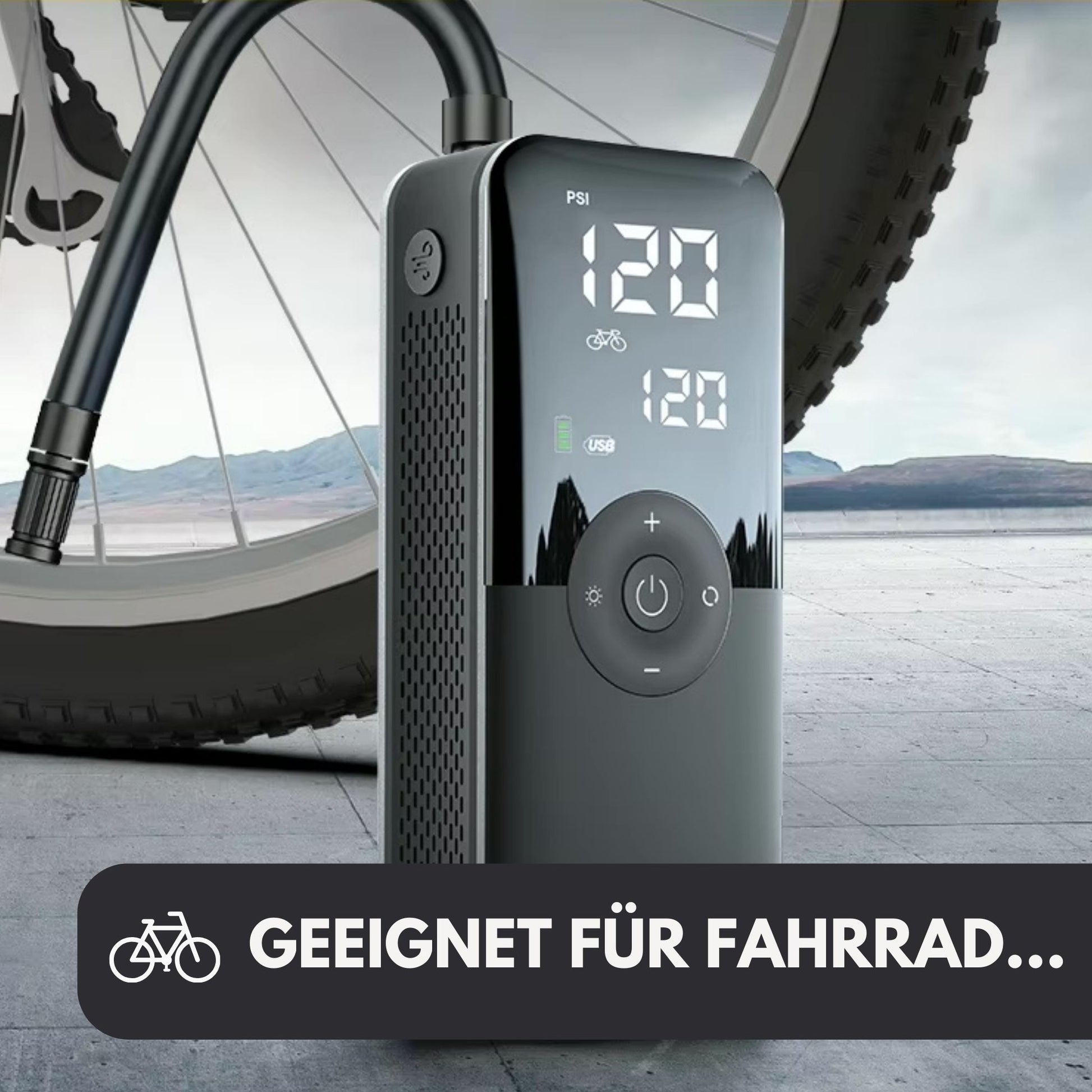Anwendungsbeispiel: Elektrische Universal-Reifenpumpe pumpt einen Fahrradreifen auf. Der digitale Bildschirm zeigt den Druck an.