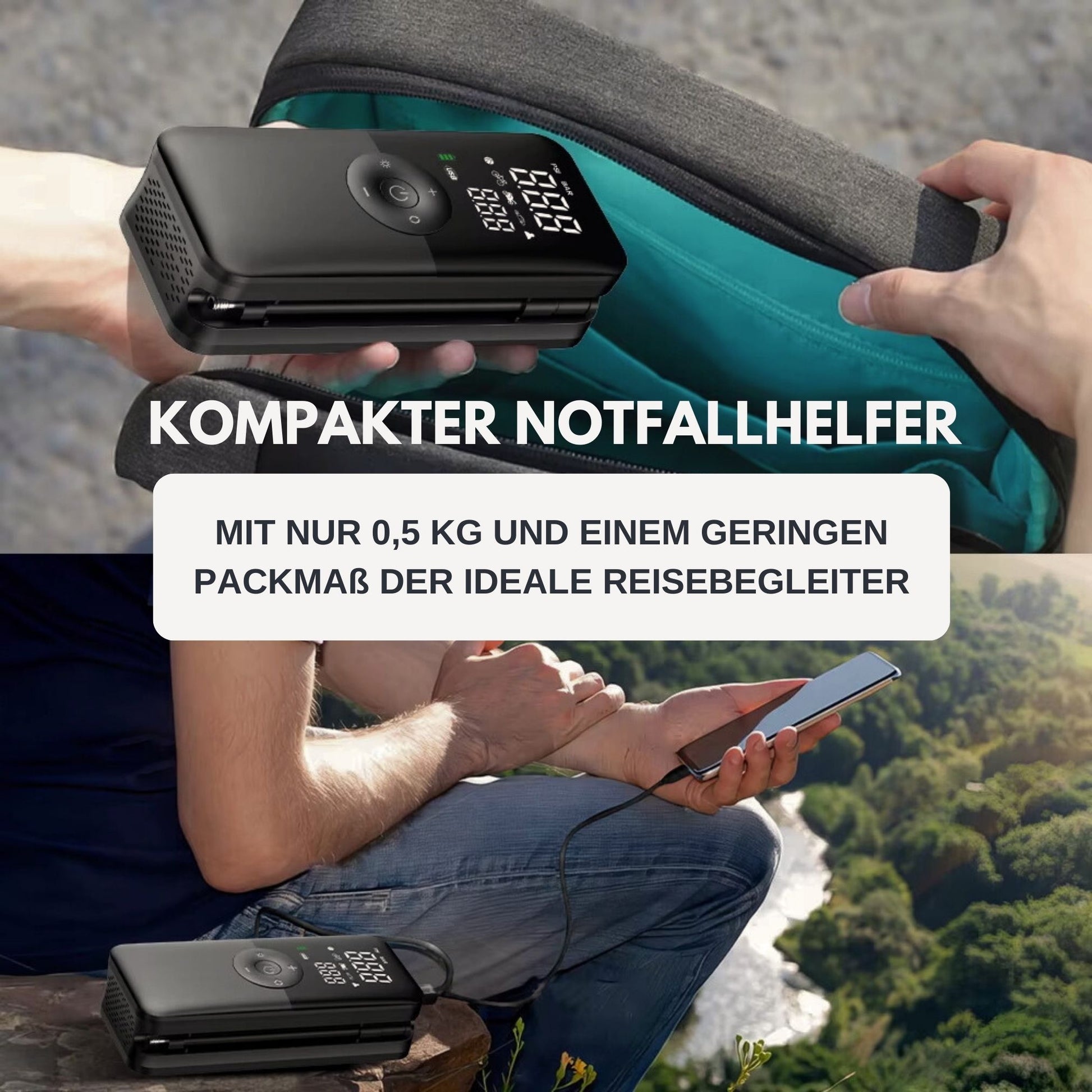 Elektrische Universal-Reifenpumpe in der Hand eines Mannes, im Hintergrund ein Reiserucksack. Text: 'Klein, handlich, kompakt – der perfekte Reisebegleiter'.