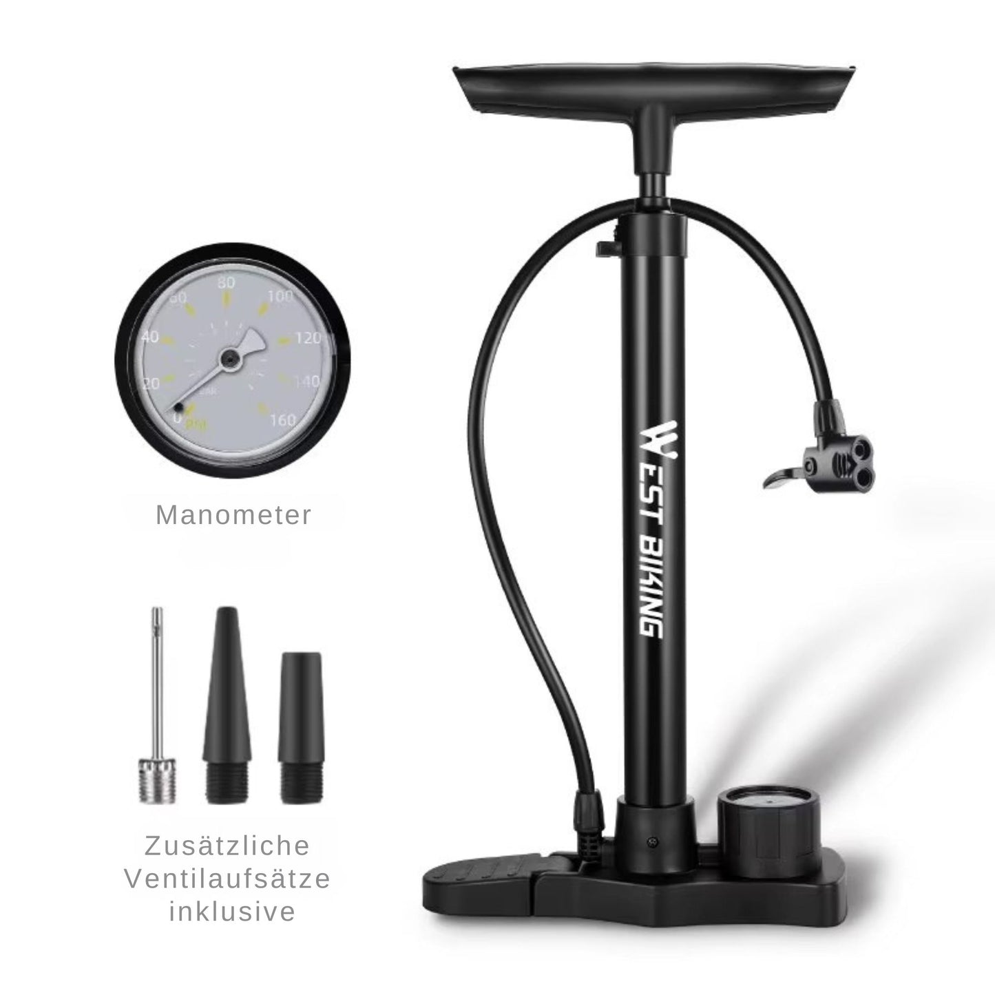 Stand Fahrradpumpe mit Manometer, Universalpumpe für Schrader, Presta, Dunlop. 