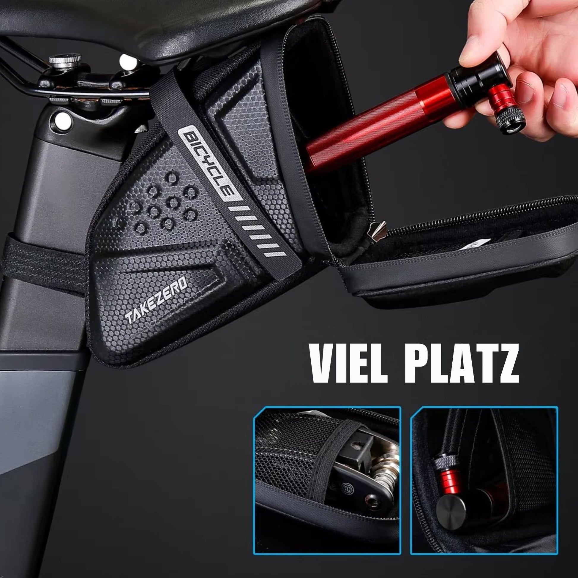 Geräumiger Innenraum: Die Takezero Satteltasche bietet viel Platz für Smartphone, Werkzeug, Ersatzschlauch und mehr.