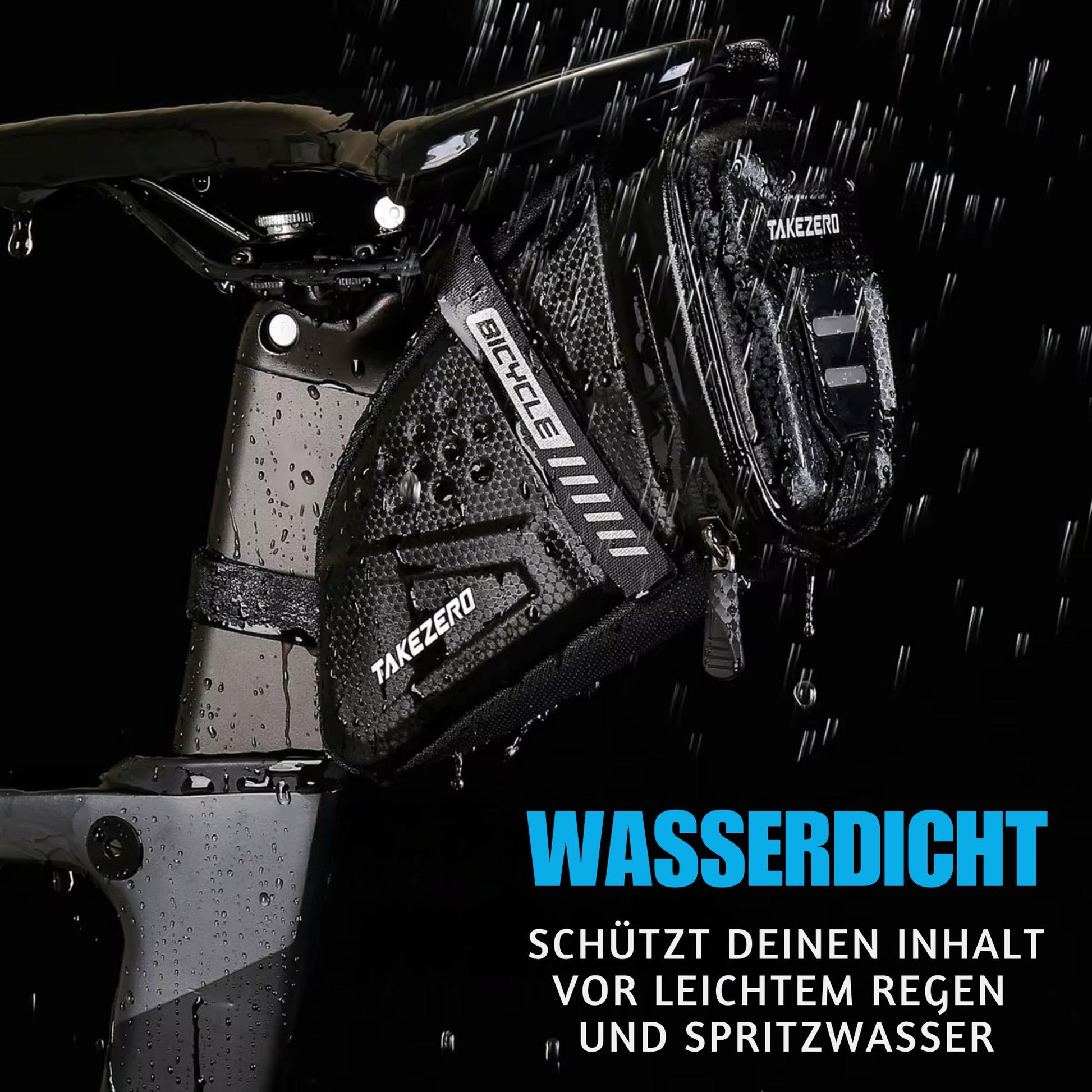 100% wasserdicht: Regentropfen perlen von der Takezero Satteltasche ab. Der Inhalt bleibt dank der wasserfesten Beschichtung trocken.