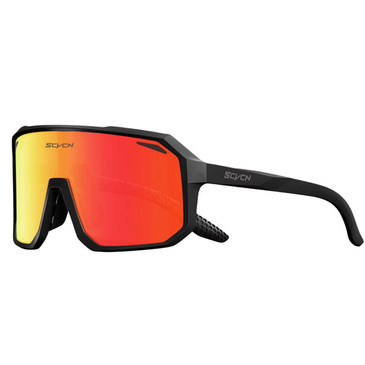 Ultraleichte Fahrradbrille / Sport-Sonnenbrille mit rotem Glas und schwarzem Rahmen, freigestellt, robustes Design.